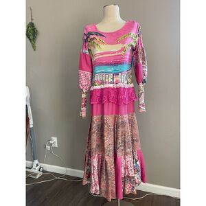 Upcycled Pink Boho maxi dress with muttonchop sleeves Size M-L